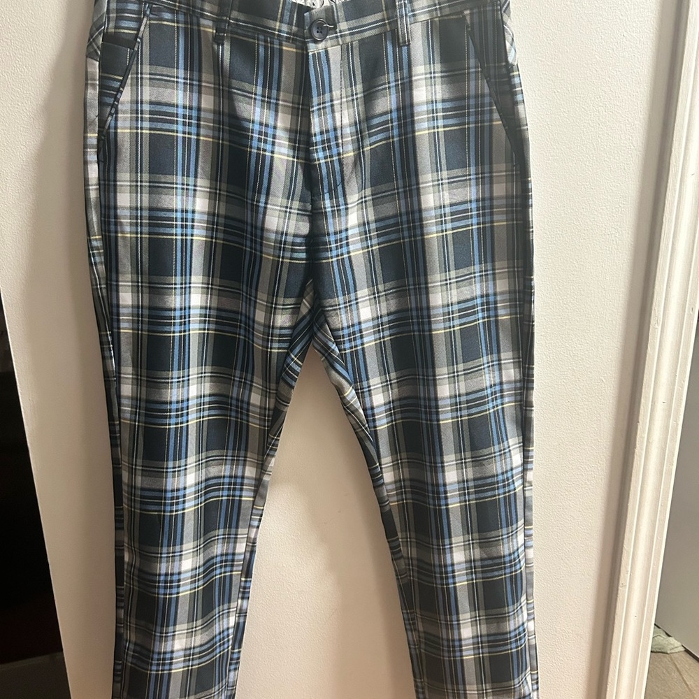 Suslo Couture Pants Mens 34x32‎ Blue Plaid Stretch Dress Trousers Modern Fit